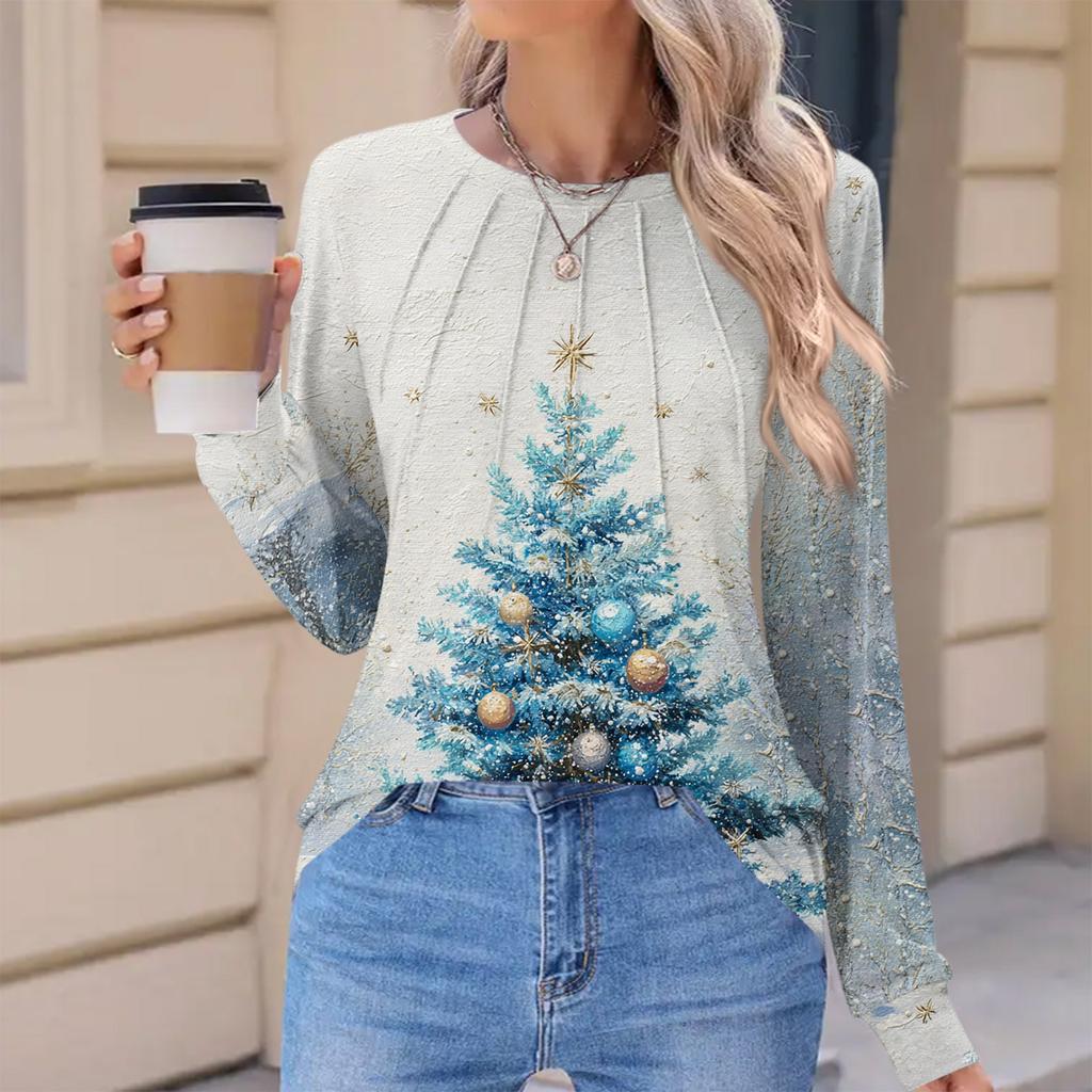 Women's Fashionable Casual Christmas Printed Pleated Comfortable Round Neck Loose Long Sleeve T-Shirt Top