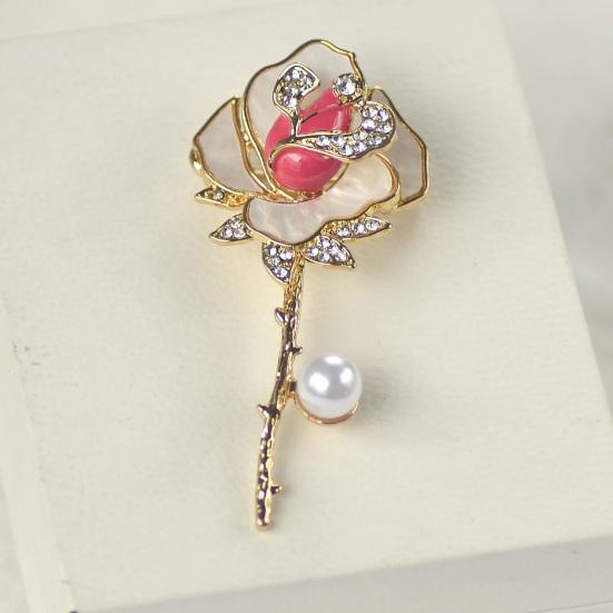 Brooch Pin Three-Dimensional Rose Shape Enamel Drip Technology Pin with Rhinestone Faux Pearl Inlay Suits Coats Dresses Badge