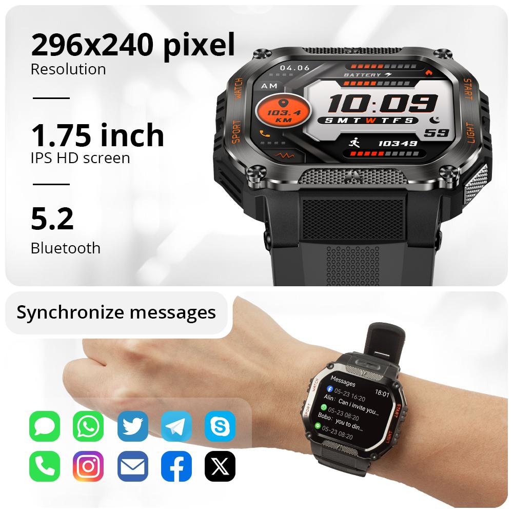 HT34 Smartwatch Masculino Chamada Bluetooth Robusto para Exterior Smartwatch 3ATM IP68 À Prova d'Água Lanterna Relógios Esportivos de Fitness