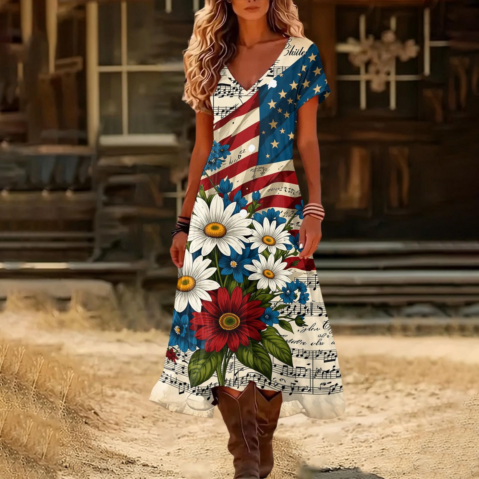 

Women’s V Neck Short Sleeve Maxi Dress with 1776 America Print Gradient Hem and Floral Graphic Casual Loose Fit L