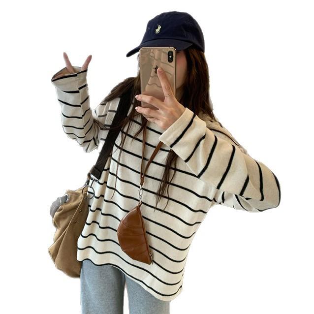 [Cashmere Color Strip] Korean Lazy Wind Contrast Color Striped Long Sleeve T-Shirt Women's Autumn Loose Bottom Shirt Top