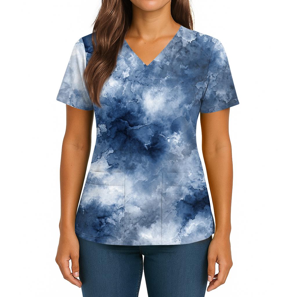 Women's Gradient Print V-Neck Double Pocket Short Sleeves Hem Slit Uniform Caregiver Top