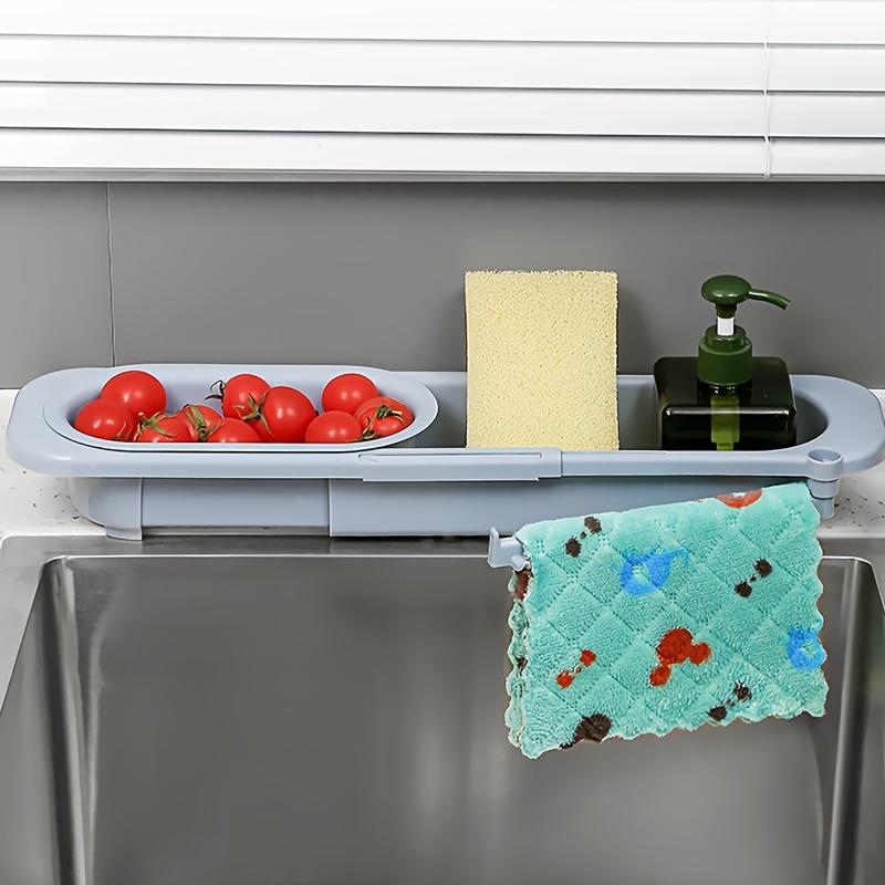 Adjustable Plastic Sink Caddy Organizer Expandable Dish Drainer Basket with Towel Bar Multipurpose Kitchen Storage Holder for Sponge,Soap