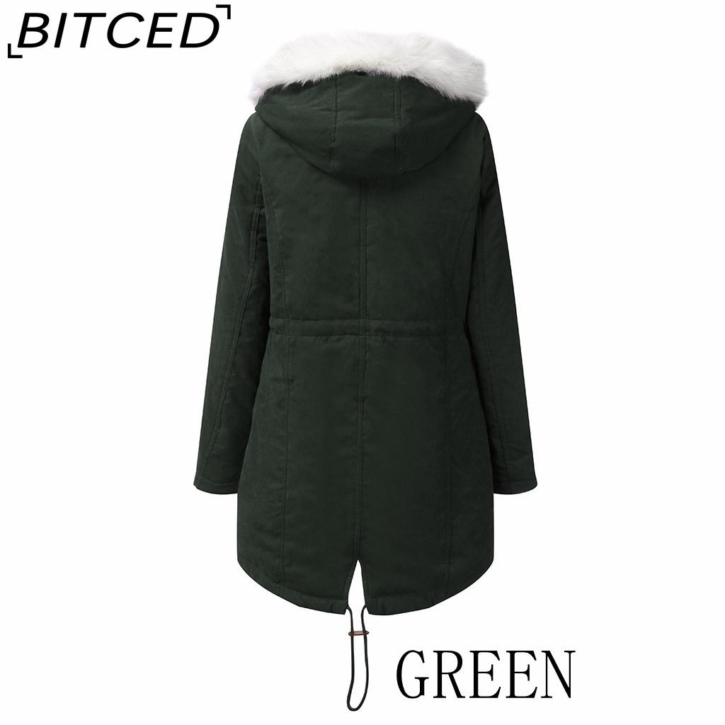 BITCED Women's Cotton-Lined White Fur-Trimmed Parka Mid-Length Hooded Winter Warm Fleece Coat