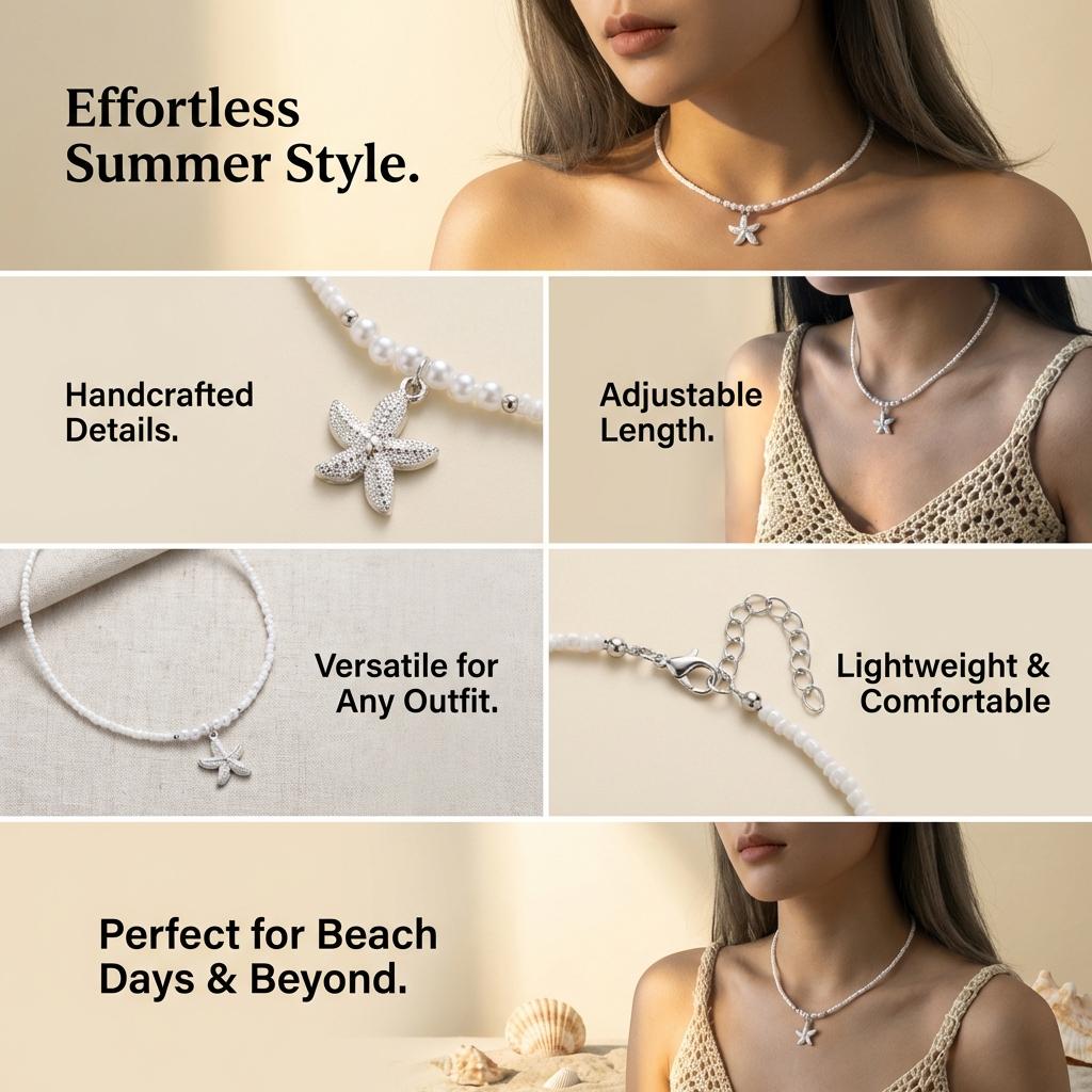 Boho Summer Beach White Beaded Necklace for Women Minimalist Silver Color Starfish Pendant Choker Perfect Vacation Jewelry Gift