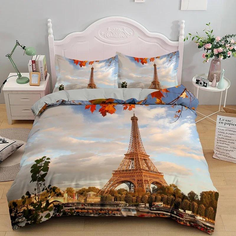 Comforter Romantic Eiffel Tower Microfiber Floral Bedding Set Paris Cityscape Twin Comforter For Girls Teen Adult Room