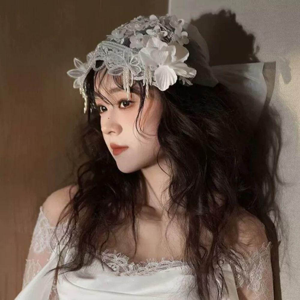 White Bride Headdress Pearls Beads Wedding Headwear Retro Bridal Hat  Headpieces