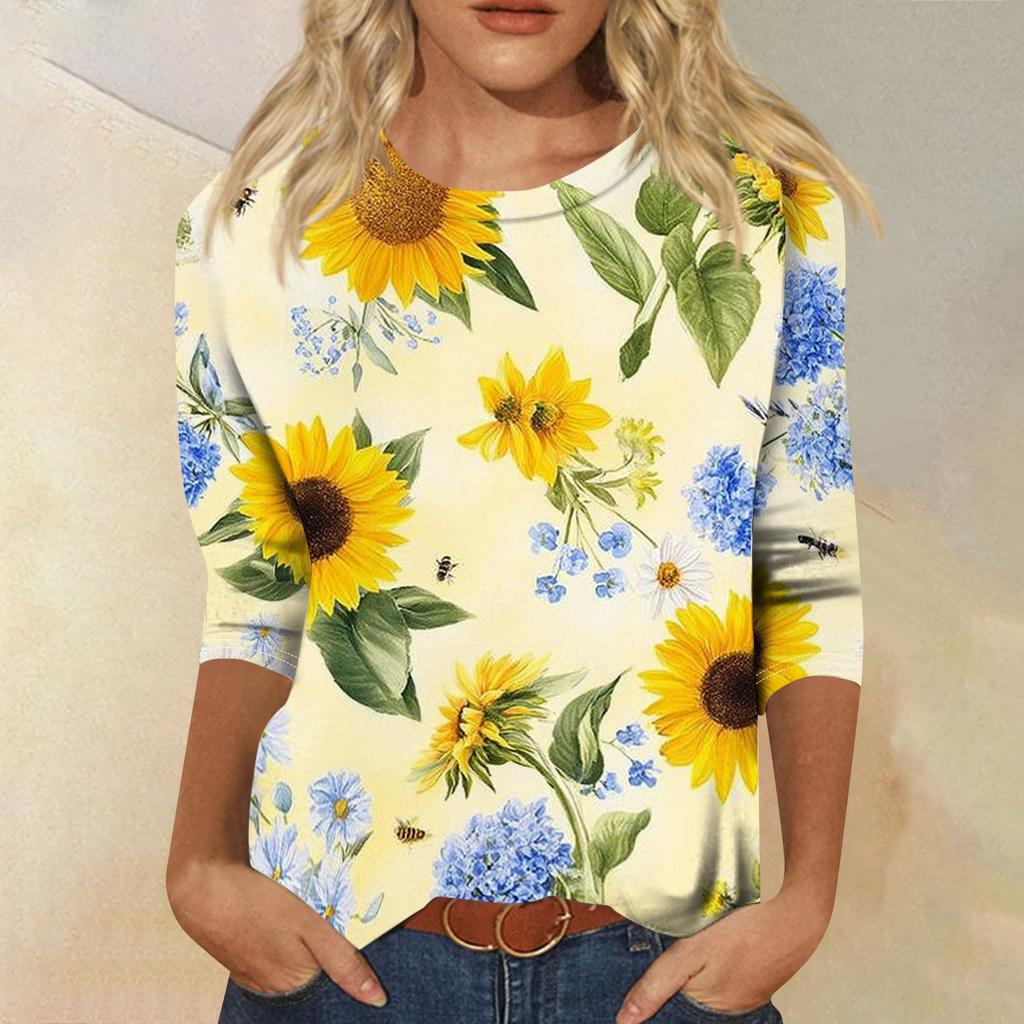 Top T-shirt casual alla moda da donna con scollo rotondo, manica a tre quarti e stampa