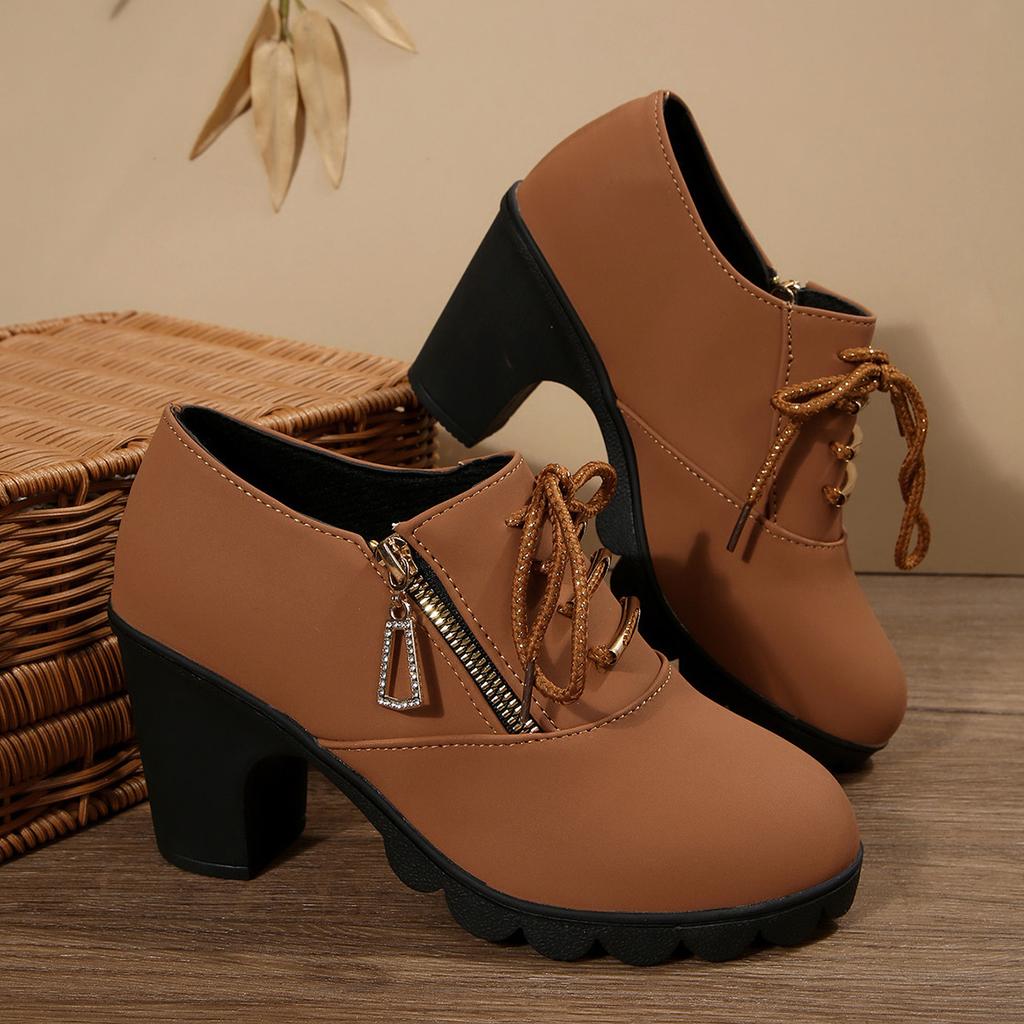 Large size new thick heel high heel solid color side zipper single shoes comfortable casual round head Martin boots