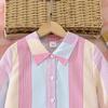 Girls' Dress Children's Clothing Autumn New Style Elegant Color Block Striped Long Sleeve Single-Breasted Shirt Dress