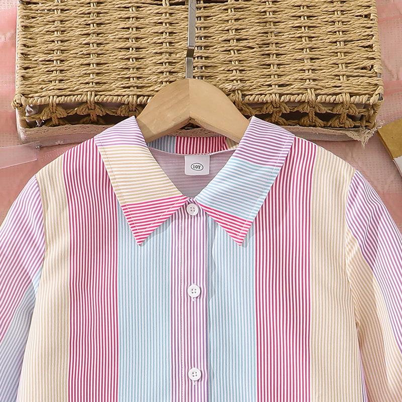 Girls' Dress Children's Clothing Autumn New Style Elegant Color Block Striped Long Sleeve Single-Breasted Shirt Dress