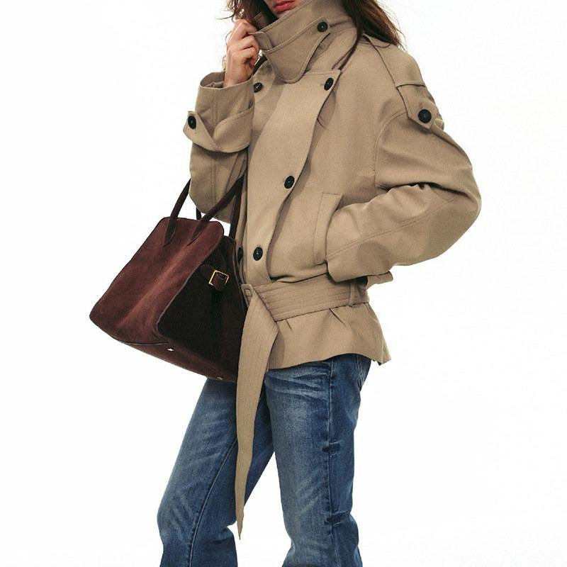 Retro stand-up collar waist short trench