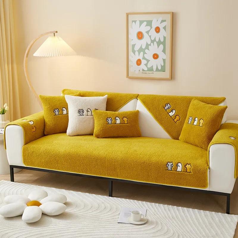 Winter Thicken Sofa Towel Solid Color Lamb Wool Plush Sofa Cushion Corner Soft Slipcovers For Living Room Decor Couch Cover