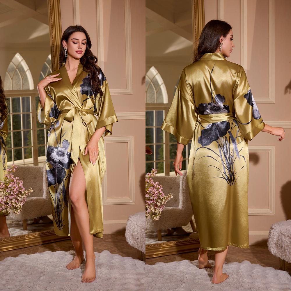 Female Long Robe Loungewear Elegant Chinese Style Kimono Bathrobe Gown Negligee New Silky Satin Sleepwear Nightgown Loose Pajama