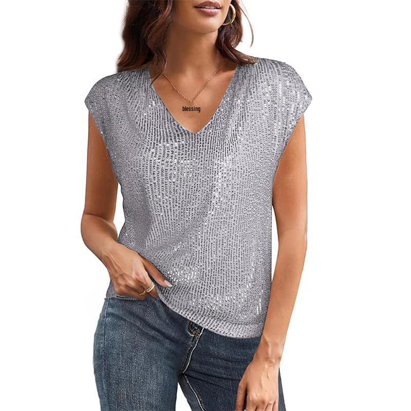 V-Neck Sequin Short Sleeve Women's Shiny Party Vest-Shirt