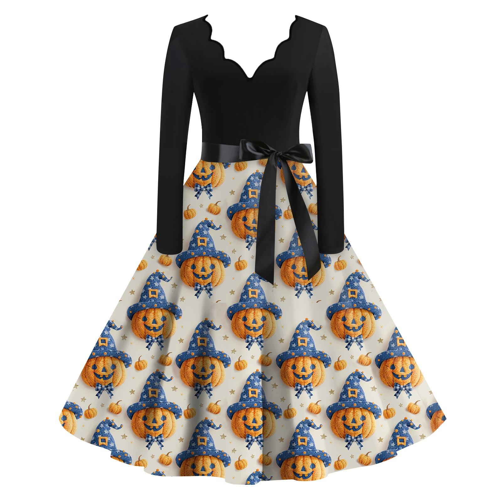 Женская повседневная мода с длинным рукавом Хэллоуин принт винтажные длинные платья осень — фото 3