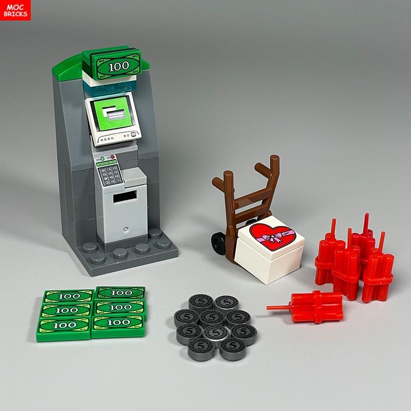 MOC Bausteine Geldautomat Dynamit Dollar Münzbeutel Geldlieferung Schatz Bausteine Pädagogisch Zusammengebaute Teile Spielzeug Für Kinder Geschenk