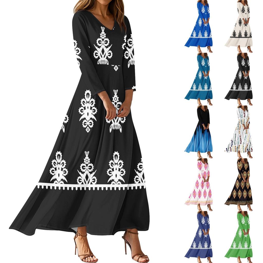 Dresses For Womens Vintage Tunic Waisted Midi Dress Summer Casual 3/4 Sleeve Dress