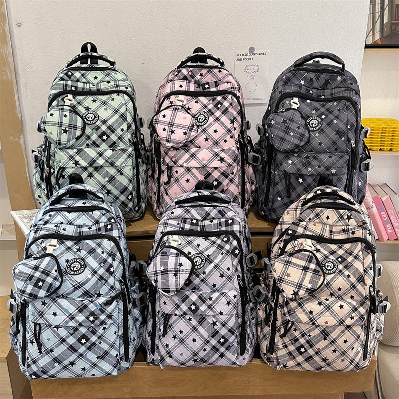 Large Capacity Plaid Backpack Women's Star Printed Student School Bag with Coin Purse