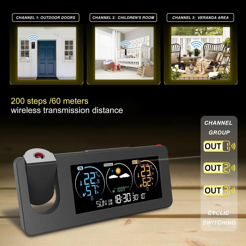 Modern Projection Digital Alarm Clock with Temperature and Humidity Display Remote Sensors for Students and Professional