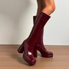 Patent Leather Waterproof Tall Boots Fashion Square Toe Sleeve Platform Non-Slip Block Heel Pumps