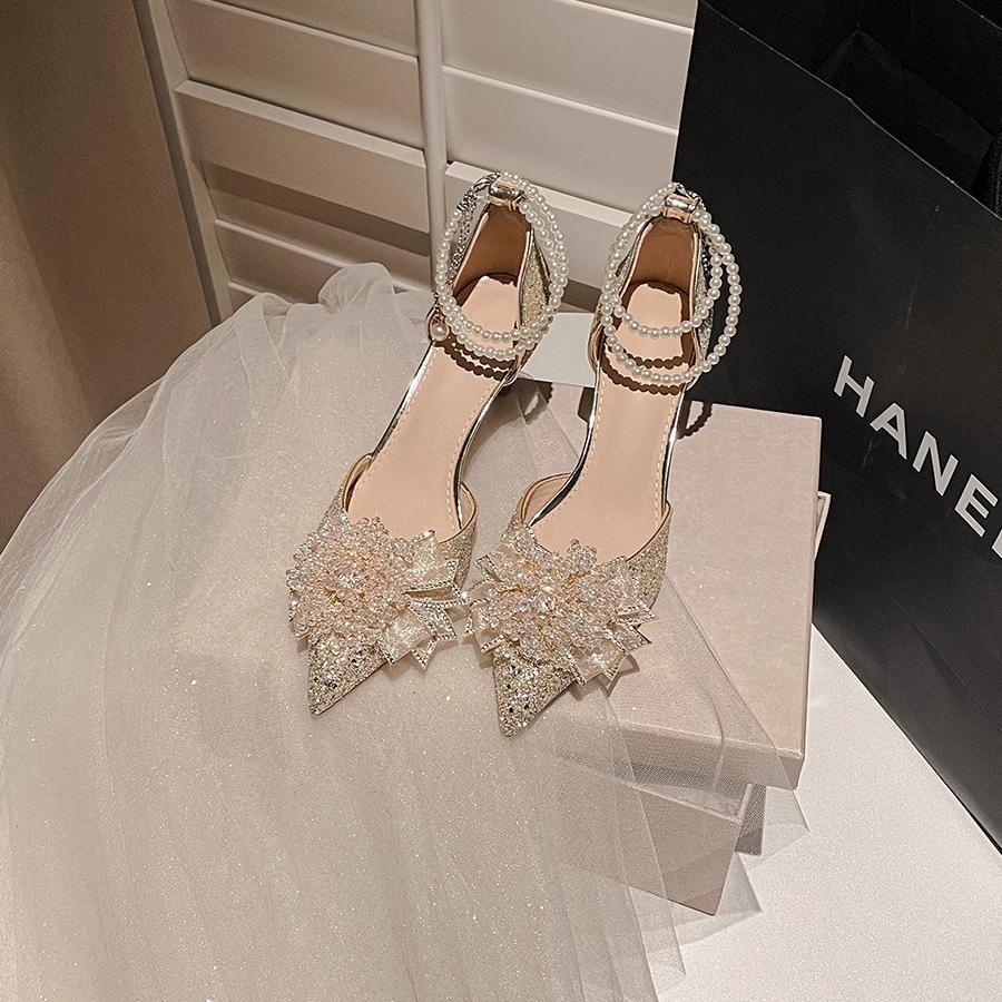 

Свадебные туфли невесты женские 2025 новые хрустальные сверкающие туфли-лодочки французский стилет жемчужные потрясающие высокие каблуки осень 34 шампанского