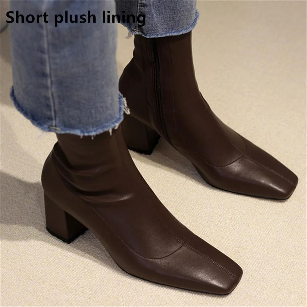 Fashion 2025 Autumn Winter Thick Heel Shoes Fashion Women Ankle Boots Sexy Square Toe Yarn Elastic Socks Boots Zip Boot Size 33-40 Black