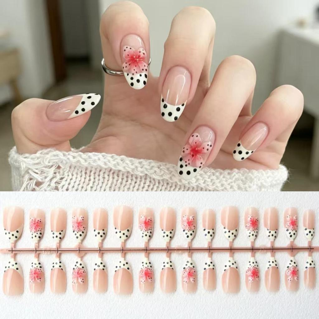 Pink Polka Dot French Cat Eye Short Press-On Nails with Skin-Brightening Tips
