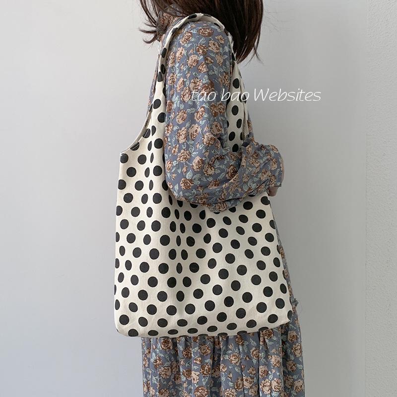 2025 Nordic Polka Dot Canvas Tote Bag - Japanese & Korean Style for College Students