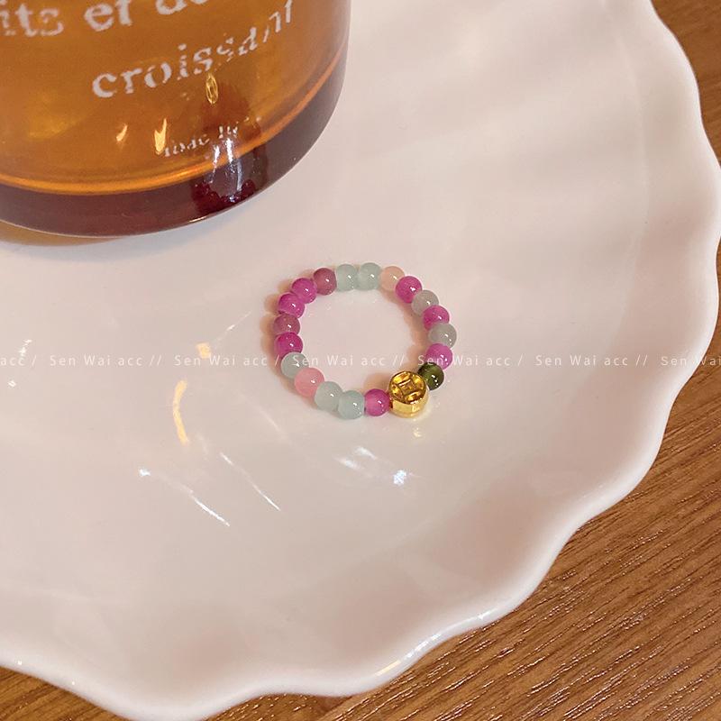 Tourmaline beaded copper coin ring women s new Chinese retro index finger ring sweet personality design ring