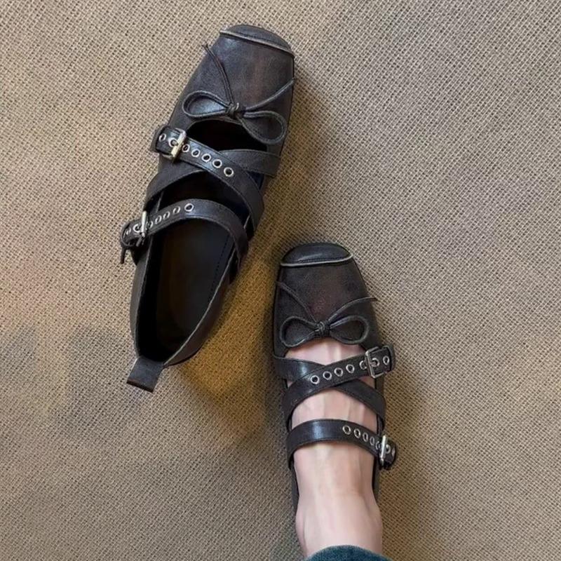 Leather Version~ Square Head Bow Sports Ballet Shoes Cross Buckle Belt Shallow Mouth Retro Mary Jane Shoes Women's Single Shoes