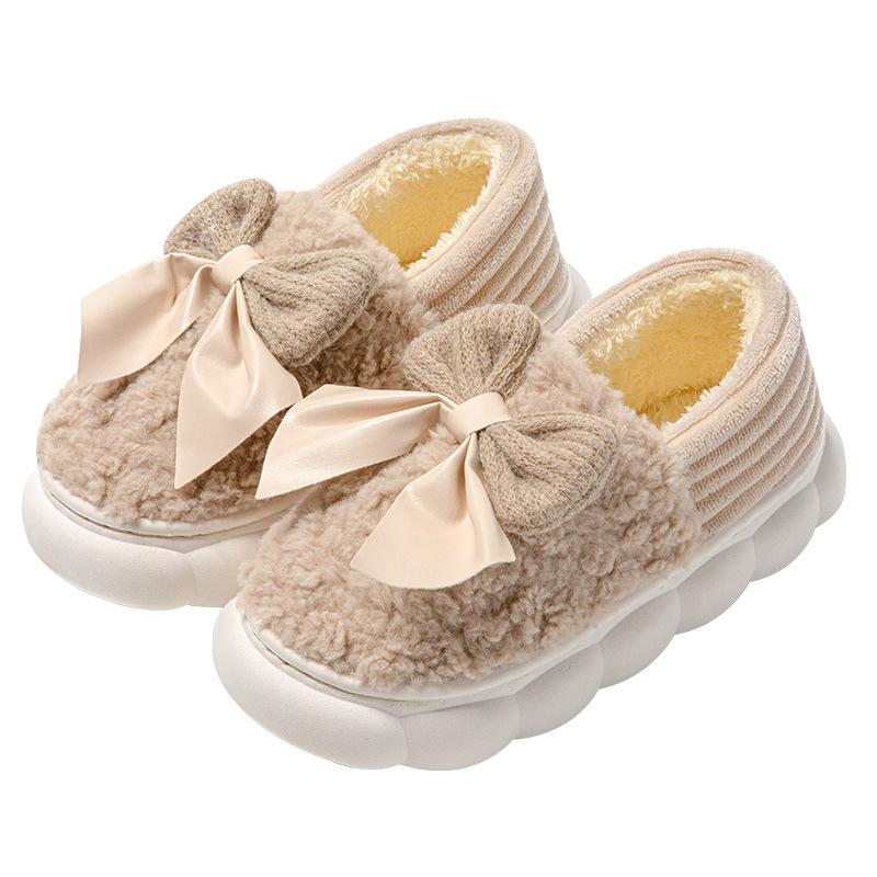 Bow Bag Heel Cotton Slippers Autumn and Winter Wool Mop Indoor Home Use Velvet Thick-soled Warm Cotton Shoes