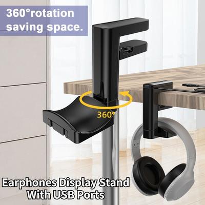 1Pc Headphone Bracket Swivel Mounted PC Gaming Headset Stand Holder Under Desk Hanger Hook Earphones Display Stand With USB Ports