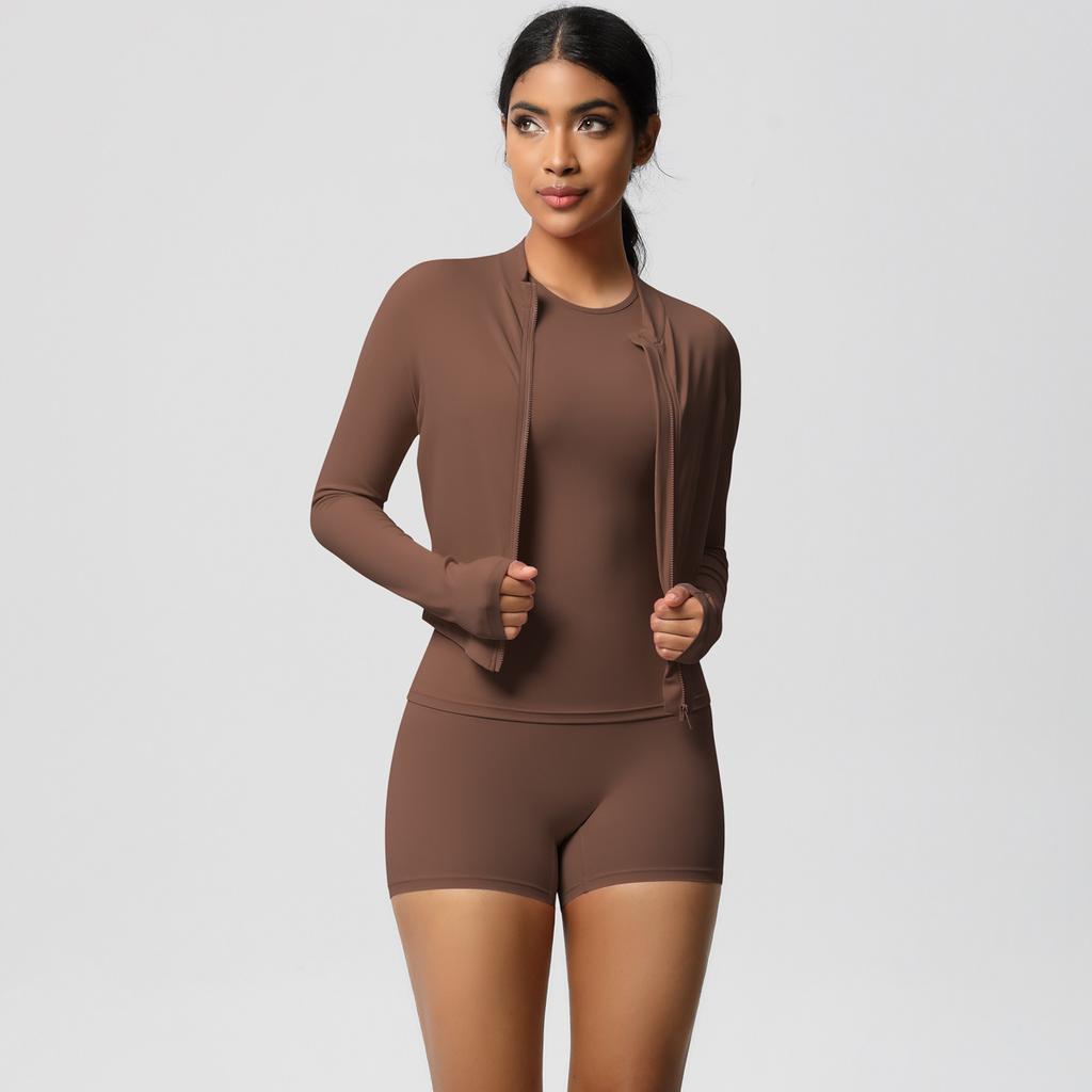 Naked Cardigan Jacket Round Neck Short Sleeved Three Piece Casual Yoga Running Fitness Suit Set For Women