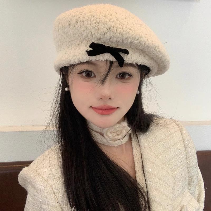 Bow Beret Women's Autumn and Winter New Versatile Hat Big Head Circumference Shows the Face Small Painter Hat Tide