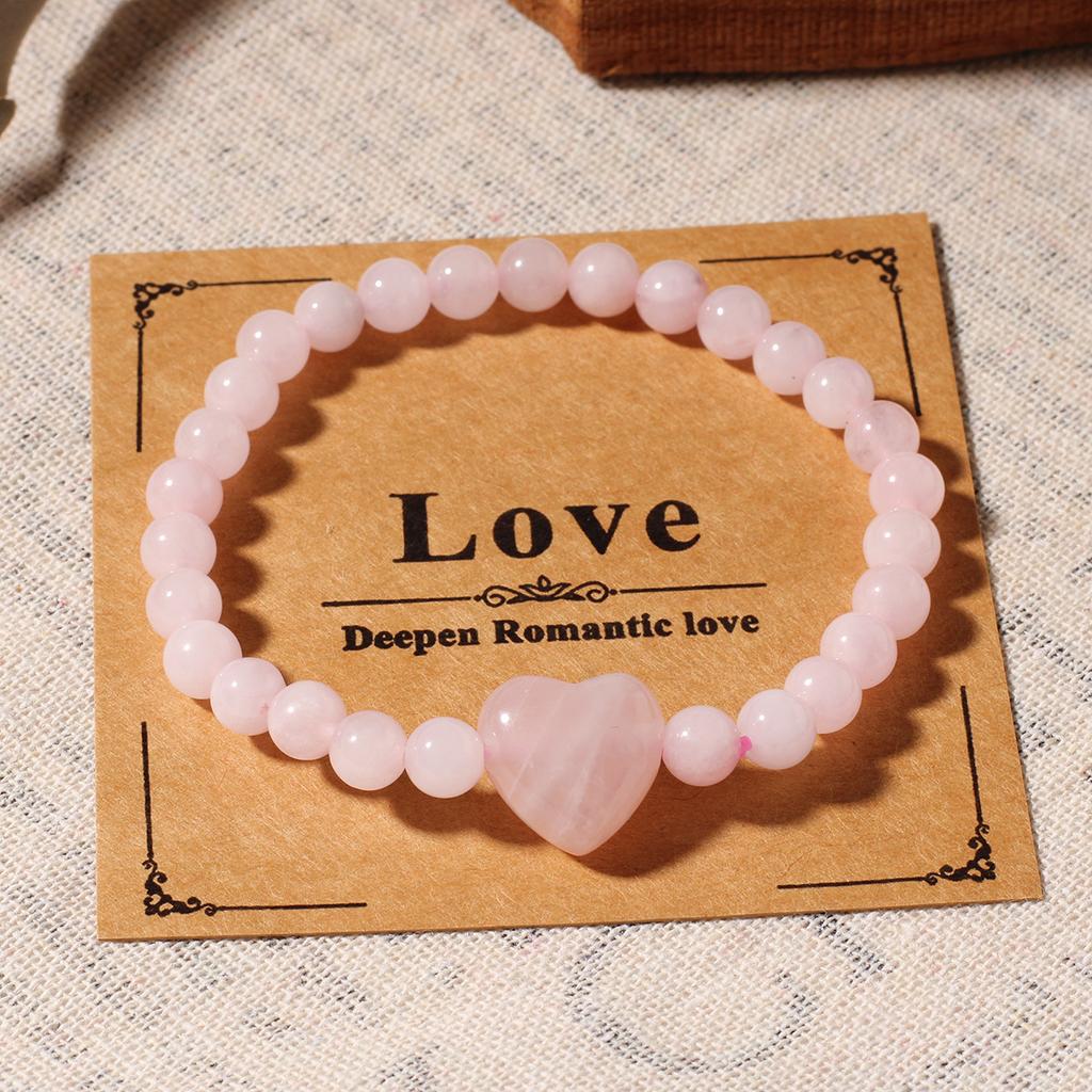 Festive Gifts Rose Quartz Beaded Bracelet With Heart Charm Sweet Fashion Jewelry For Women Daily Wear Simple Versatile Accessory