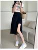 Women's Black High Waist A-Line Midi Skirt - Summer Slimming Polyester with Side Slit