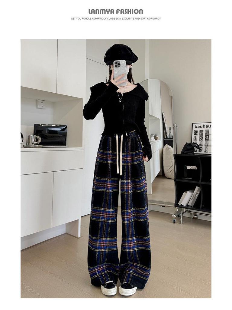 Women's High-End Retro Plaid Velvet Pants: Loose, Slimming Straight-Leg, Casual Wide-Leg Long Pants