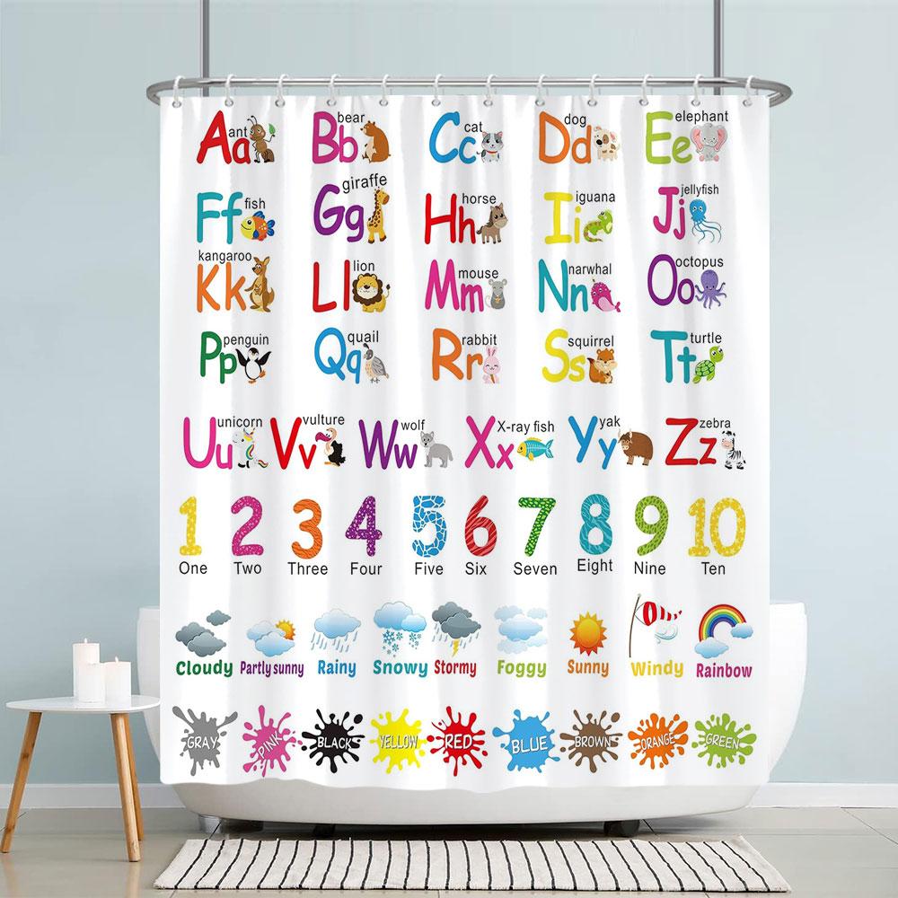 Kids Cartoon Animal Shower Curtain Funny Letters Blue Watercolour Fish Polyester Fabric Washable Shower Curtains Bathroom Decor