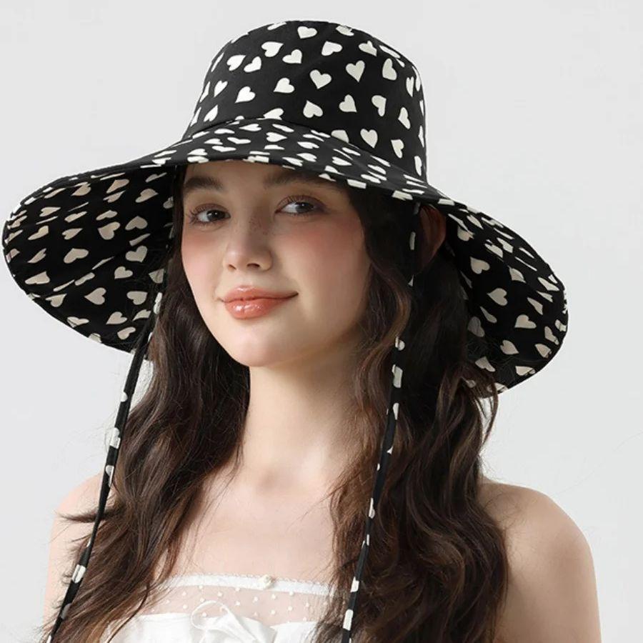 Women's Foldable Heart Print Bucket Hat Casual Sweet Fisherman Cap with Rope Bow Summer Sunshade Hat