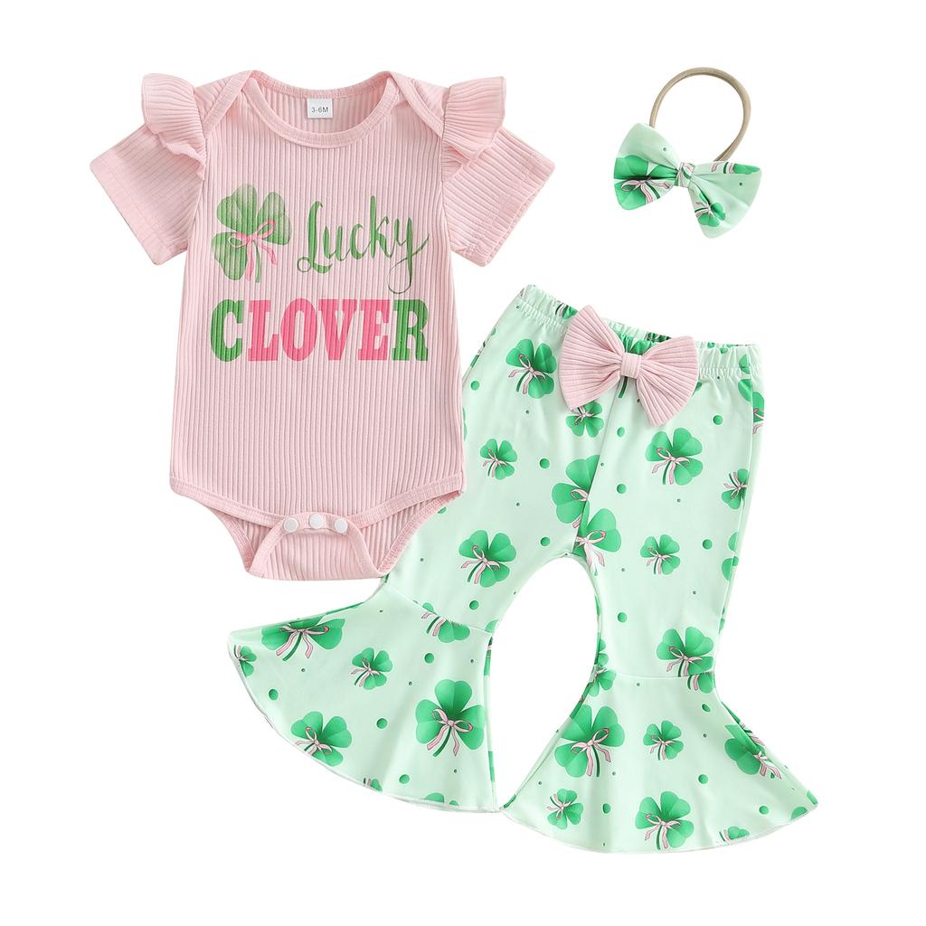 Baby Girls Irish Clothes Short Sleeve Letter Print Romper with Shamrock Print Flare Pants and Headband