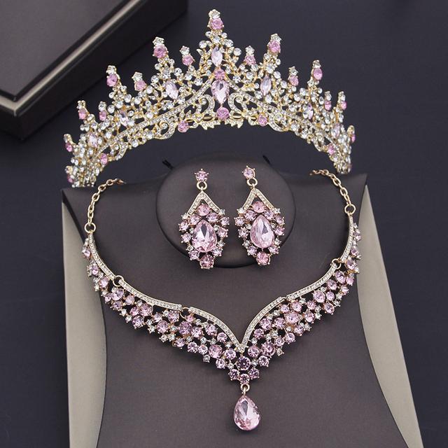 Gorgeous Blue Crystal Wedding Crown Necklace Sets For Women Bridal Jewelry Sets Earrings Prom