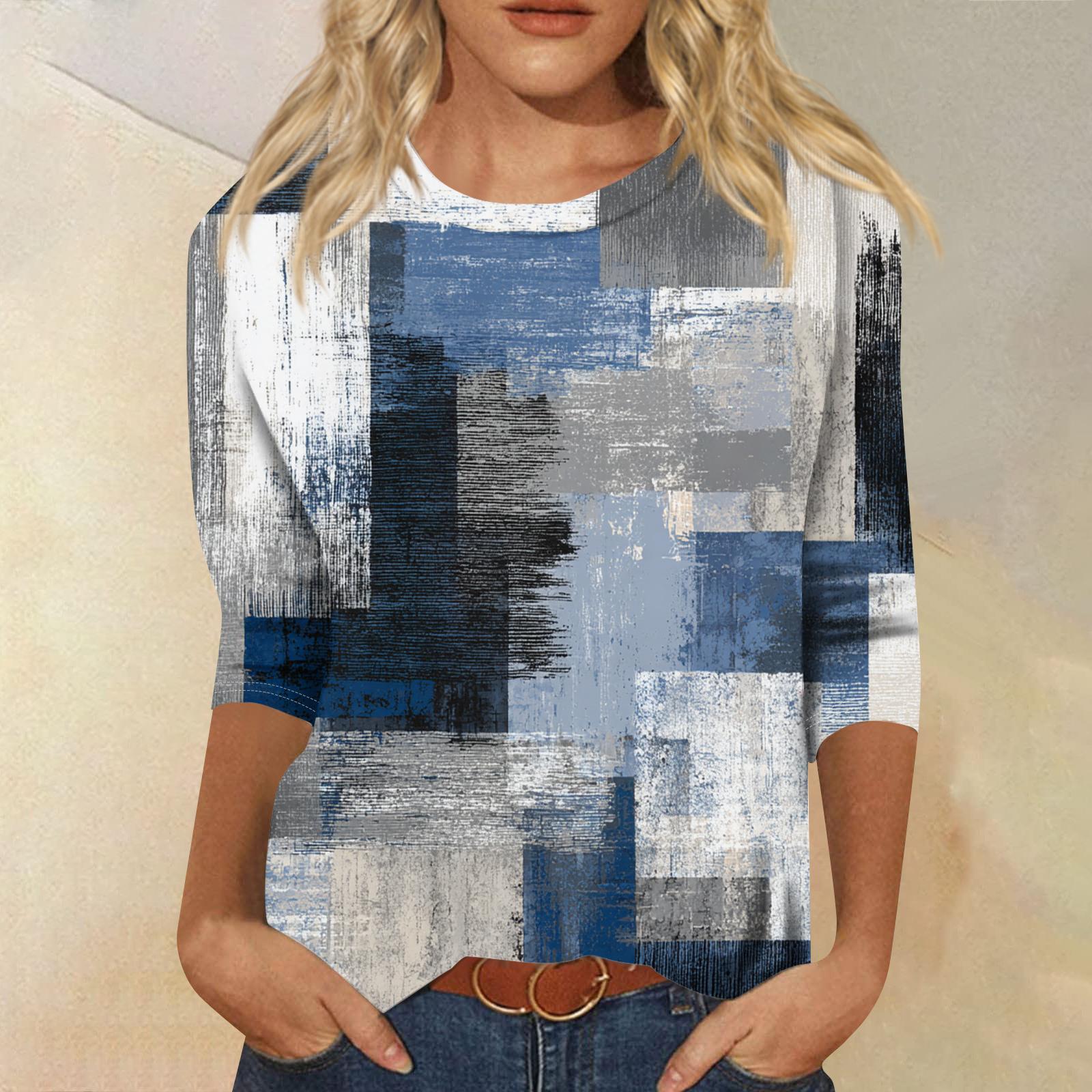 

Жіноча Модна Повсякденна Круглий Виріз Три чверті Рукав Ретро Принт Футболка Топ XL