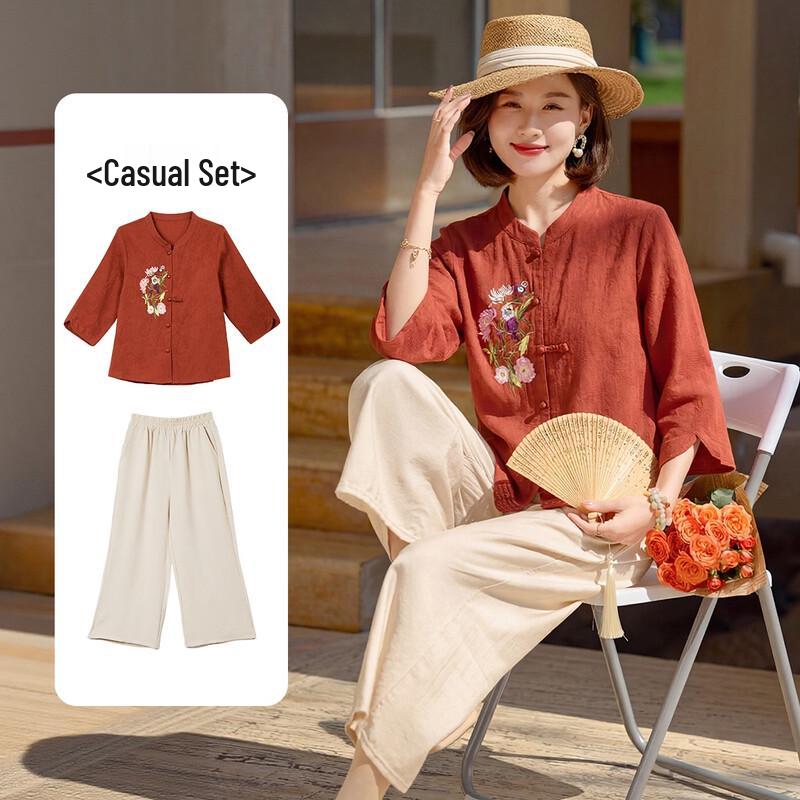 

BAOLIANDUO Effortless Summer Elegant Chinese Style Cotton Short Sleeve Set for Women 2XL
