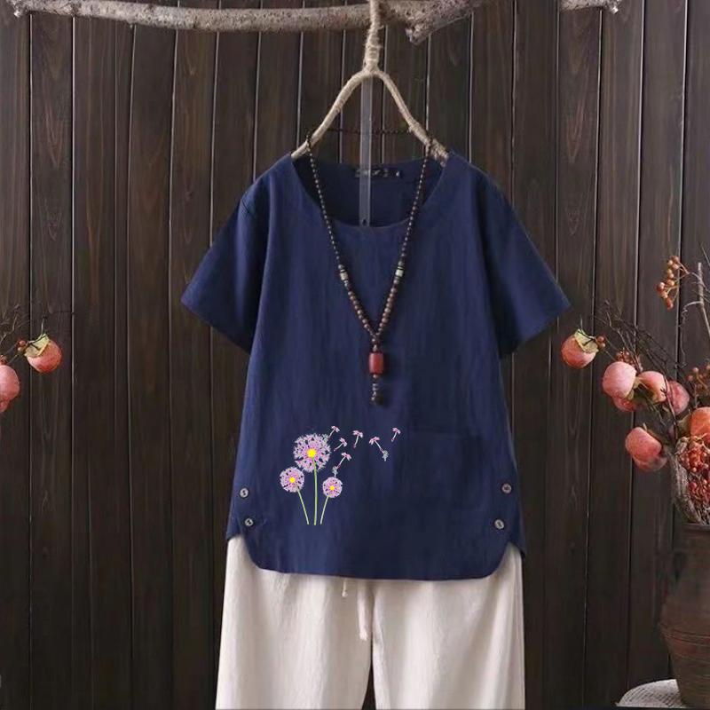 

Футболка из хлопка и конопли с V-образным вырезом в скандинавском стиле с принтом одуванчика для женщин - модная вещь лета 2025 года 4XL темно-синий