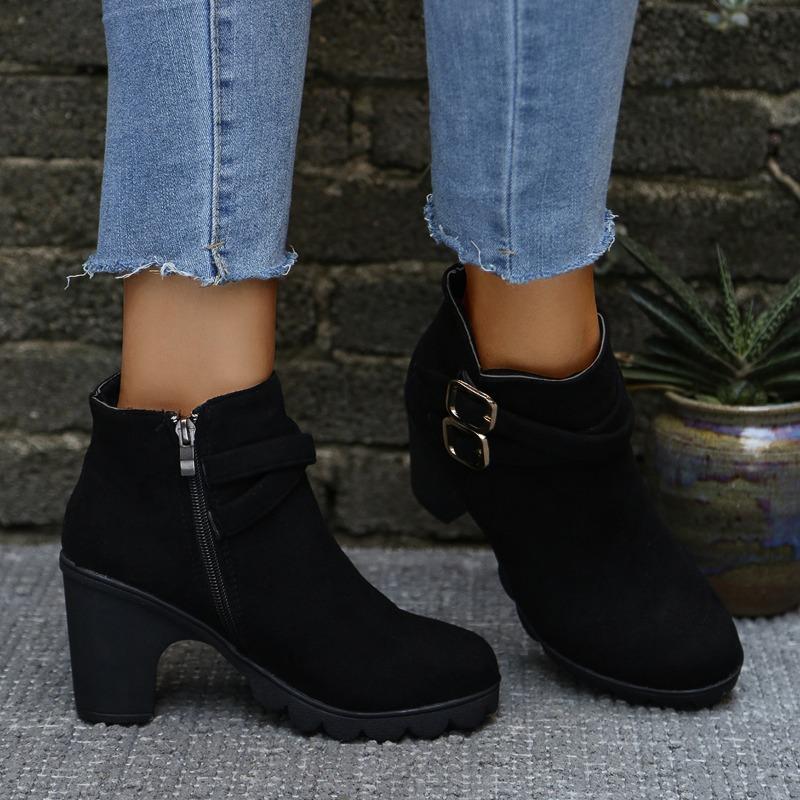 Fashion Autumn/Winter Block Heel Boots Women's New Round Toe Bull Suede Metal Buckle Platform Side Zip Non-Slip High Heels