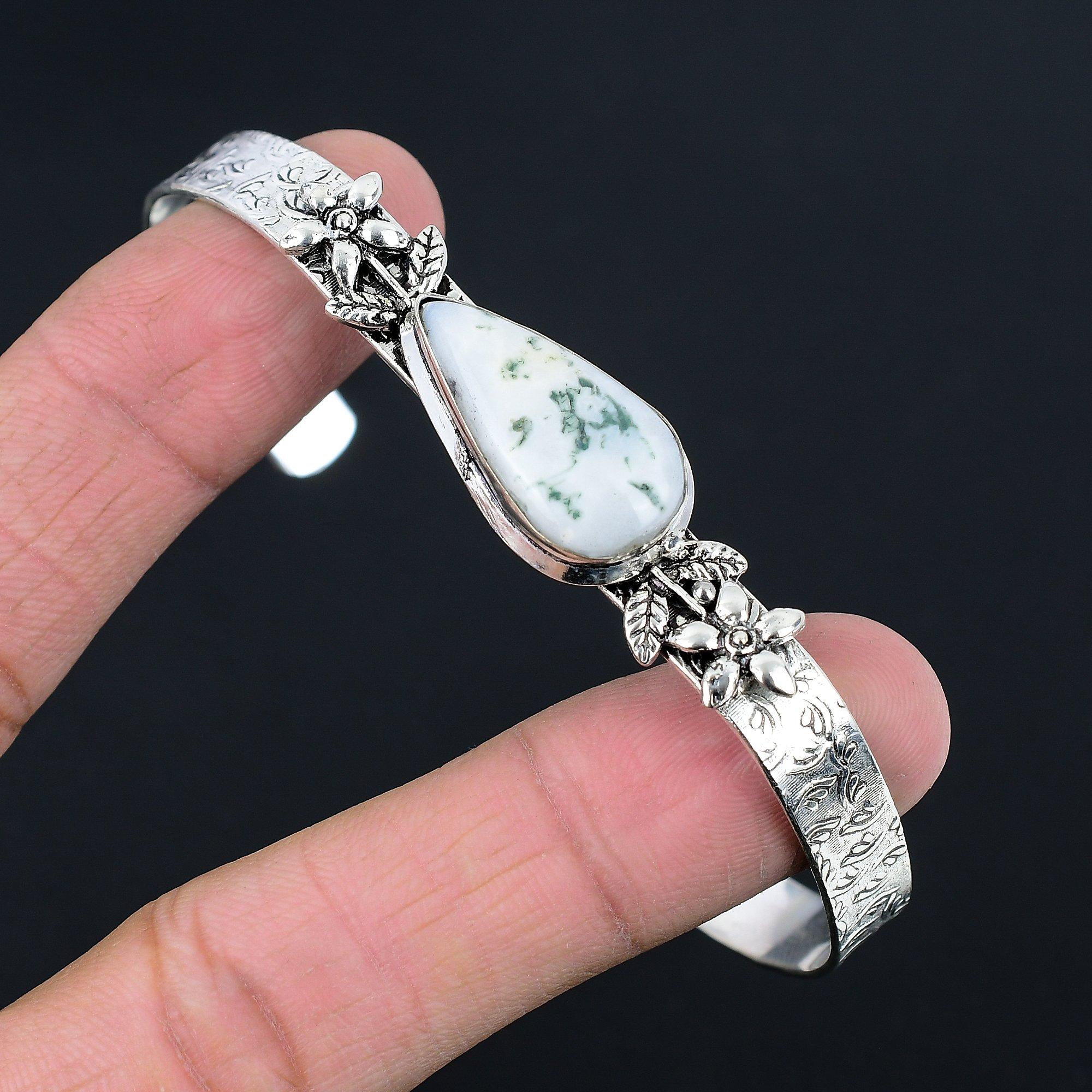 

Friendship Day Deal Natural Tree Agate 925 Sterling Silver Wedding Flower Bangle Adjustable