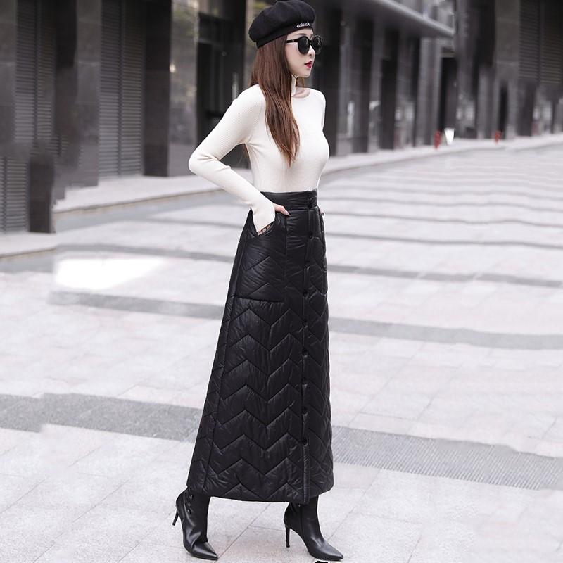 Daunen Plus Schwarz Gesteppt Baumwolle Größe Hohe Taille Vintage Frühling Herbst Winter Lässig Locker Lang Für Frau Röcke Damenrock