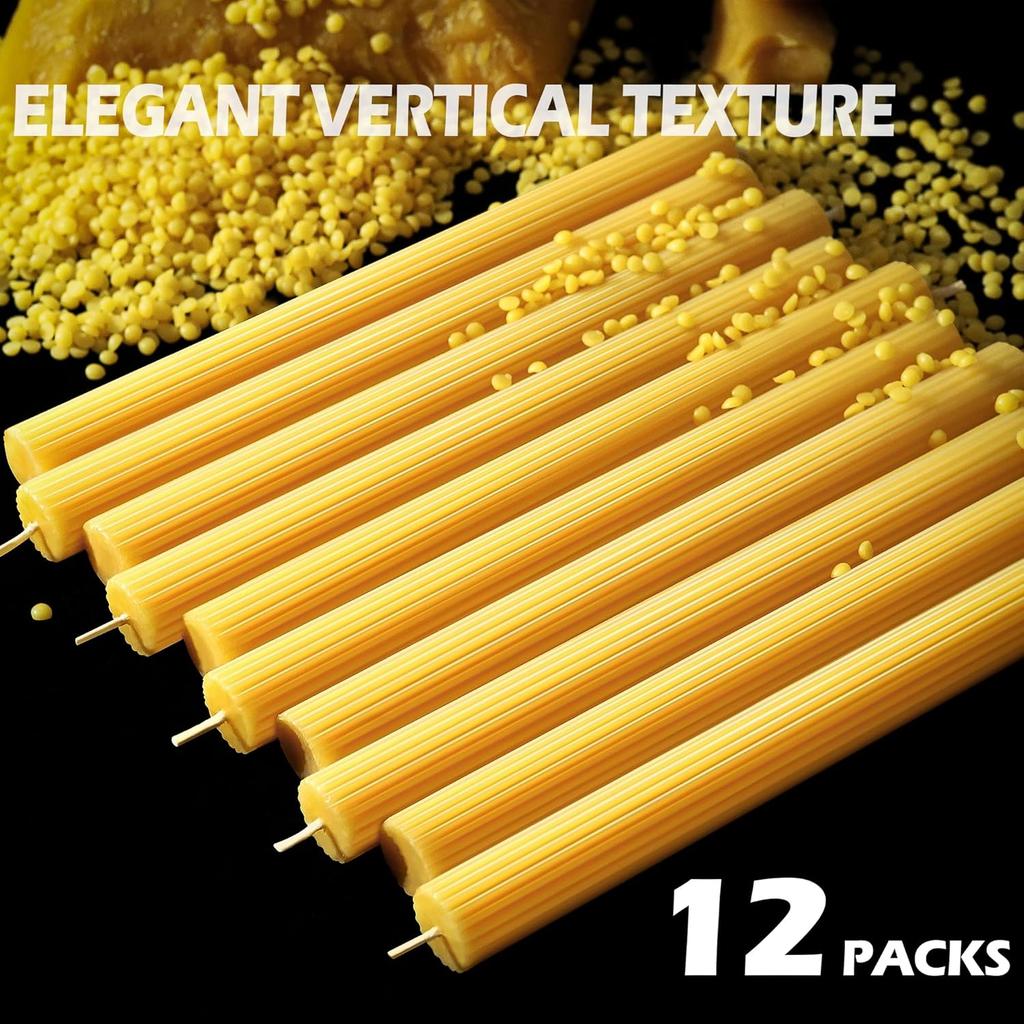 12 Packs Natural Beeswax Taper Candles,8 Inch Long Beeswax Candle Sticks,10 Hour Burn Time Tapered Candle, Beeswax Tapers for Purified Air Spa