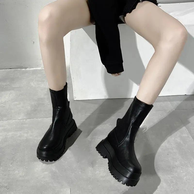 Fashion Ladies 2025 Women's Platform Chelsea Black Mid Calf Boots Pipe Autumn Winter Flat Short Leather Rubber Comfortable